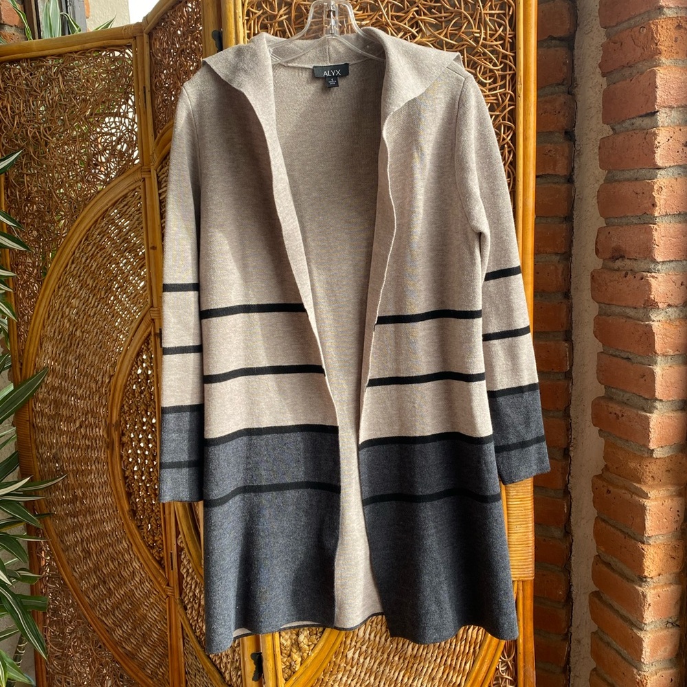 Alyx Women's Open-Front Cardigan - Sweater Collar Size S Black and Gray Stripes